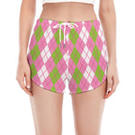 White Pink And Green Argyle Print Women's Split Running Shorts