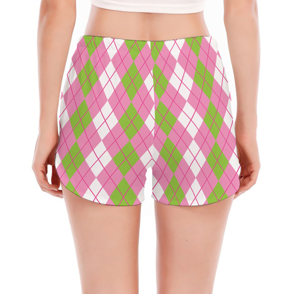 White Pink And Green Argyle Print Women's Split Running Shorts