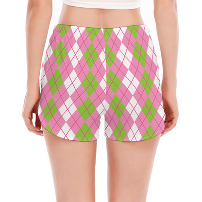 White Pink And Green Argyle Print Women's Split Running Shorts