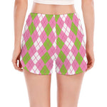 White Pink And Green Argyle Print Women's Split Running Shorts