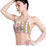 White Pink And Green Argyle Print Women's Sports Bra