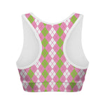 White Pink And Green Argyle Print Women's Sports Bra