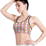 White Pink And Green Argyle Print Women's Sports Bra