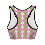 White Pink And Green Argyle Print Women's Sports Bra
