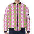 White Pink And Green Argyle Print Zip Sleeve Bomber Jacket