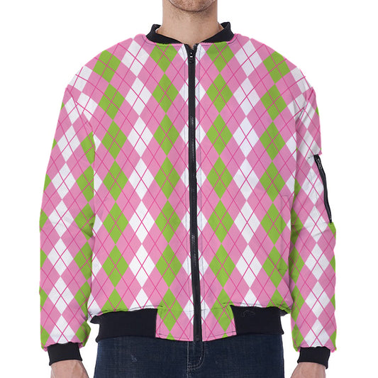 White Pink And Green Argyle Print Zip Sleeve Bomber Jacket