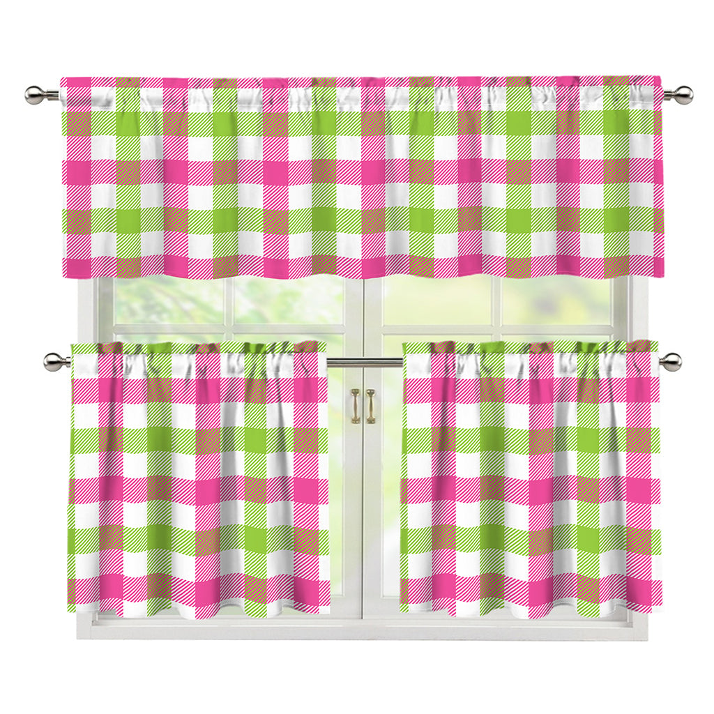White Pink And Green Buffalo Plaid Print 3 Piece Kitchen Curtains