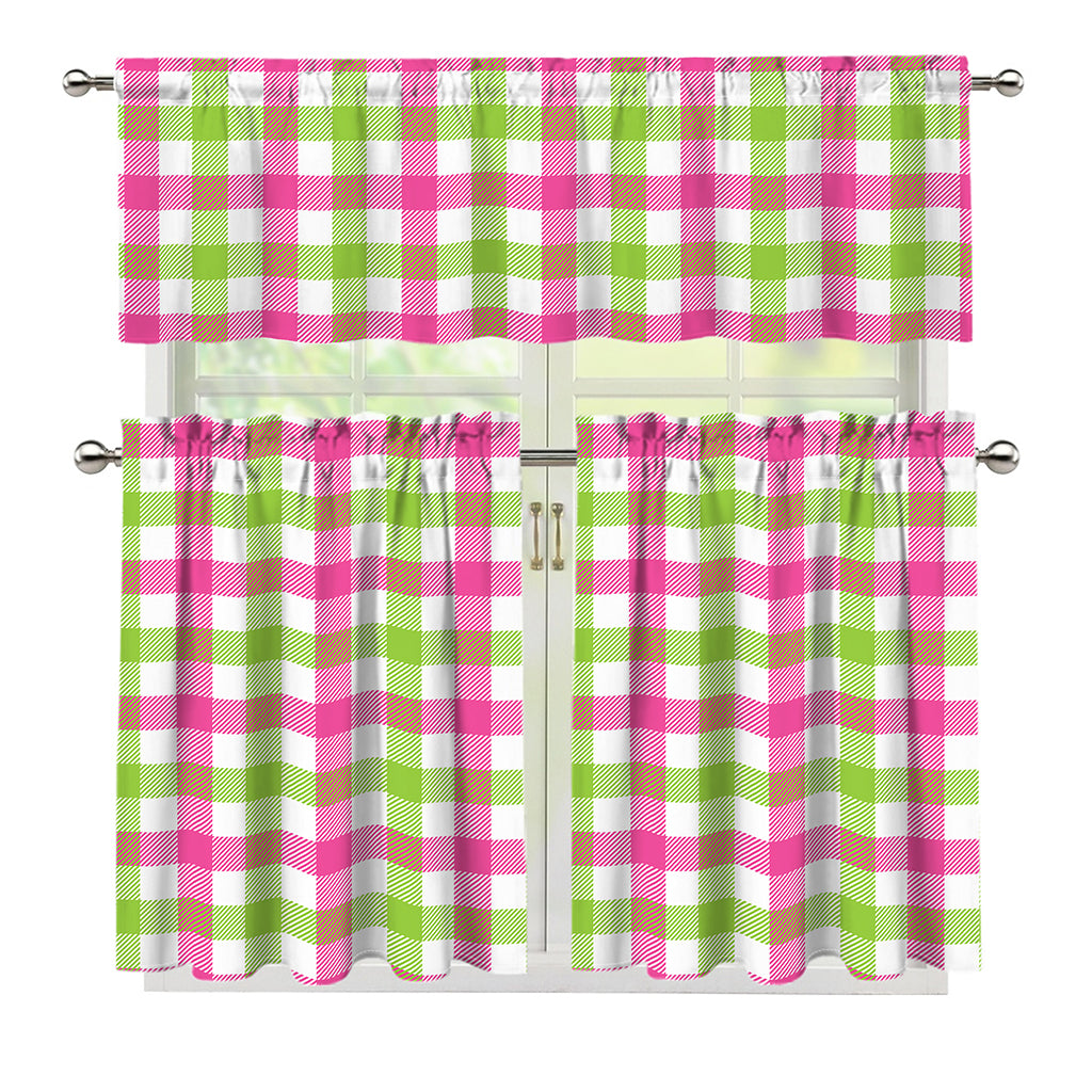 White Pink And Green Buffalo Plaid Print 3 Piece Kitchen Curtains