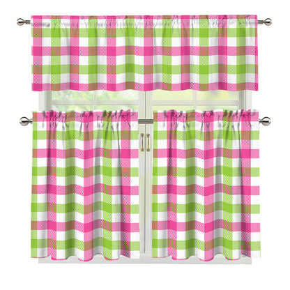 White Pink And Green Buffalo Plaid Print 3 Piece Kitchen Curtains