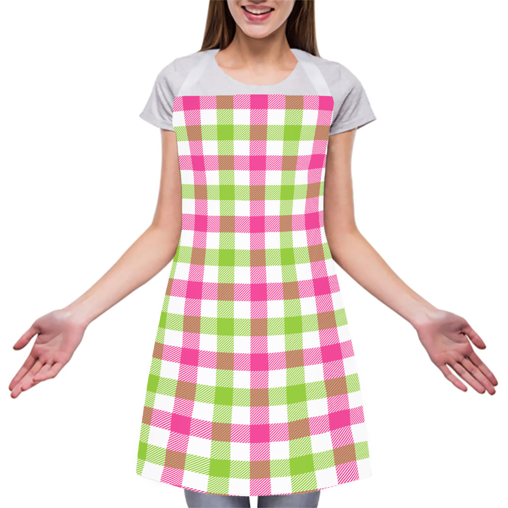 White Pink And Green Buffalo Plaid Print Adjustable Apron