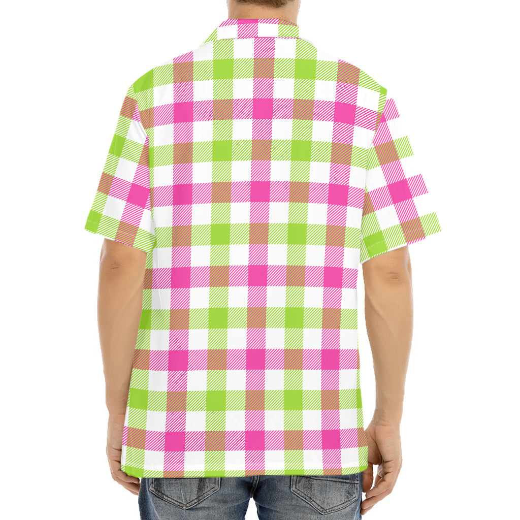 White Pink And Green Buffalo Plaid Print Aloha Shirt