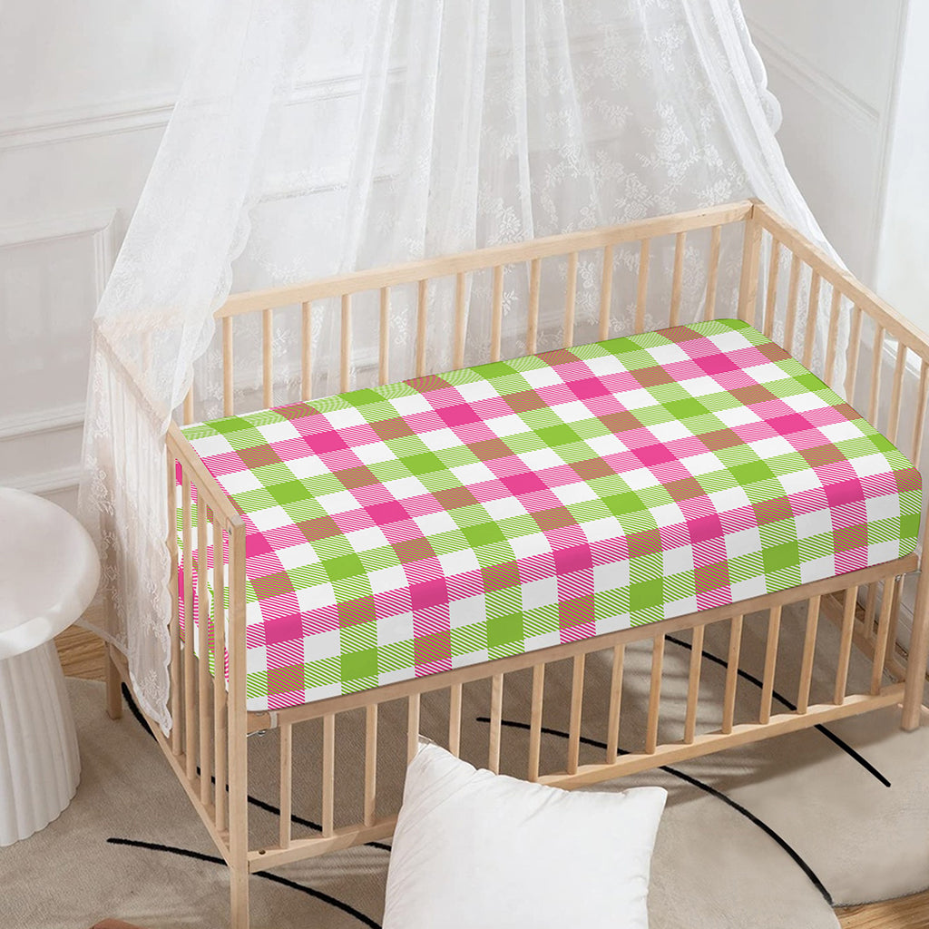 White Pink And Green Buffalo Plaid Print Baby Crib Sheet