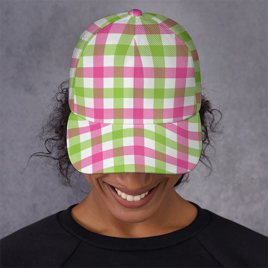 White Pink And Green Buffalo Plaid Print Baseball Cap