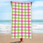 White Pink And Green Buffalo Plaid Print Beach Towel