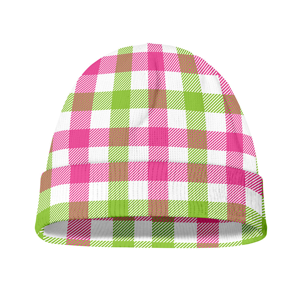 White Pink And Green Buffalo Plaid Print Beanie