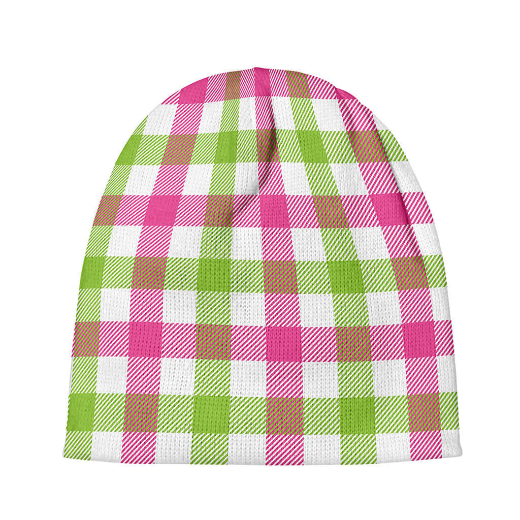 White Pink And Green Buffalo Plaid Print Beanie
