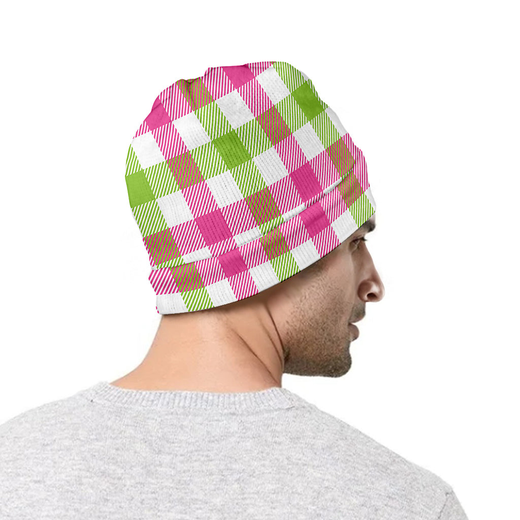 White Pink And Green Buffalo Plaid Print Beanie