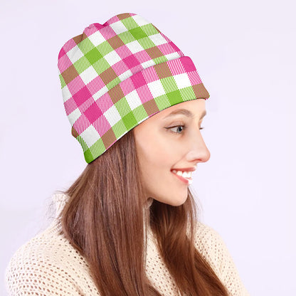 White Pink And Green Buffalo Plaid Print Beanie
