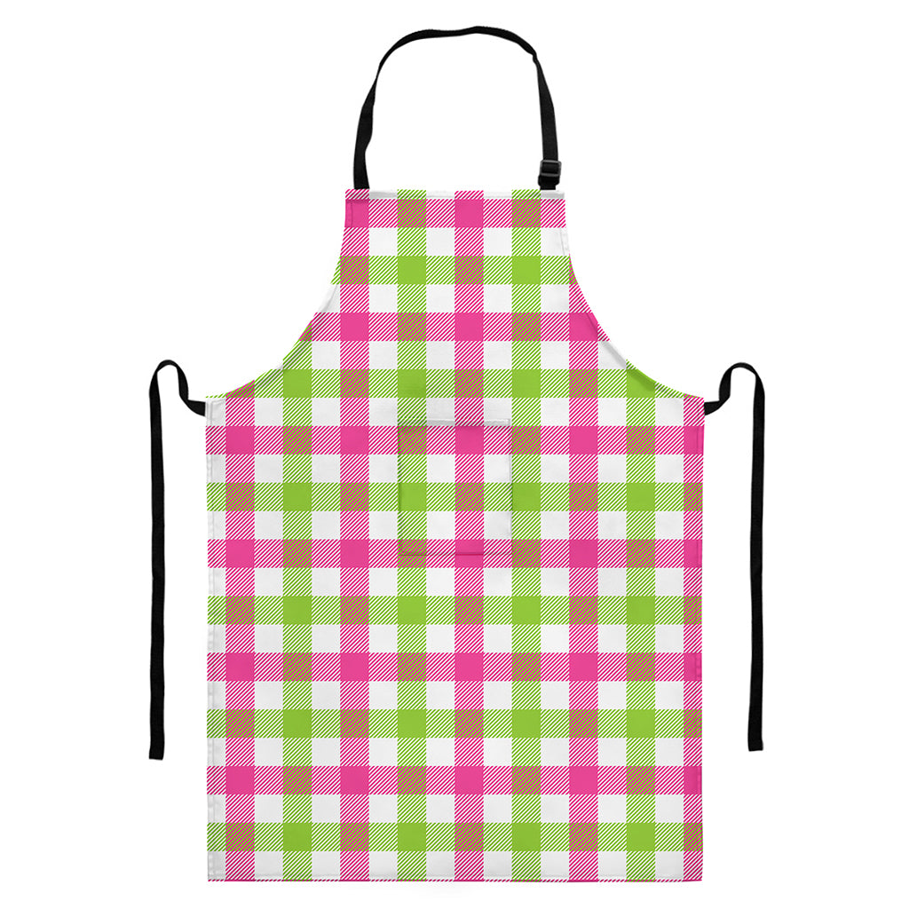 White Pink And Green Buffalo Plaid Print Bib Apron With Pocket
