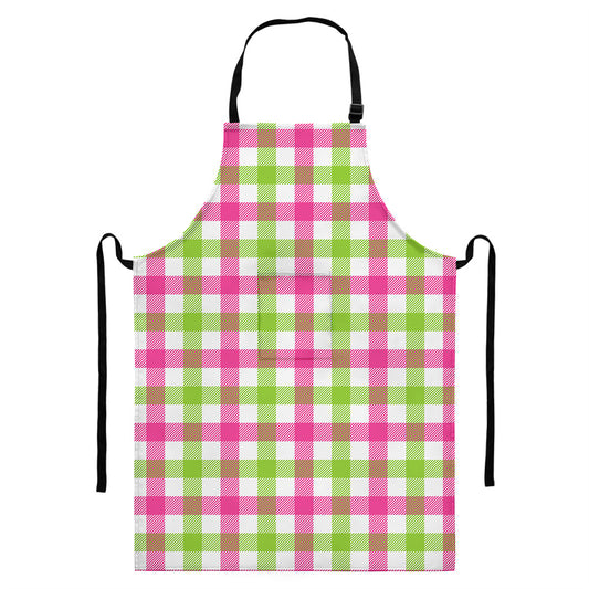 White Pink And Green Buffalo Plaid Print Bib Apron With Pocket