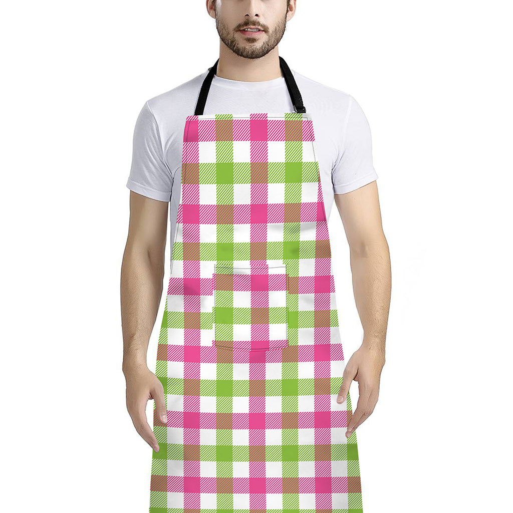 White Pink And Green Buffalo Plaid Print Bib Apron With Pocket