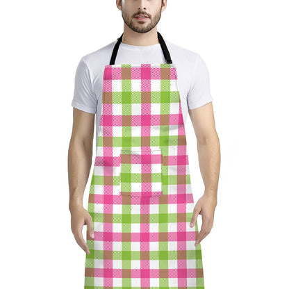 White Pink And Green Buffalo Plaid Print Bib Apron With Pocket