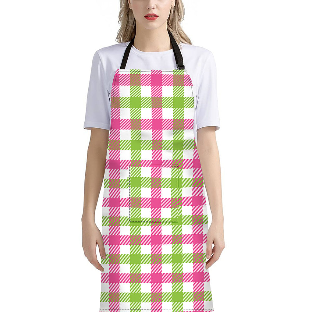 White Pink And Green Buffalo Plaid Print Bib Apron With Pocket
