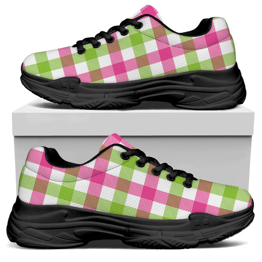 White Pink And Green Buffalo Plaid Print Black Chunky Shoes