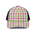 White Pink And Green Buffalo Plaid Print Black Mesh Trucker Cap
