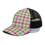 White Pink And Green Buffalo Plaid Print Black Mesh Trucker Cap