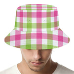 White Pink And Green Buffalo Plaid Print Bucket Hat