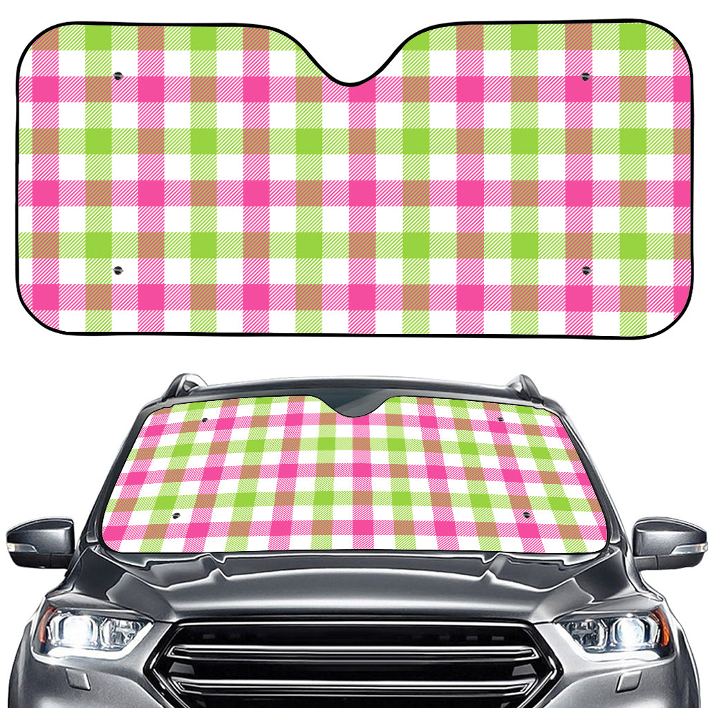 White Pink And Green Buffalo Plaid Print Car Windshield Sun Shade
