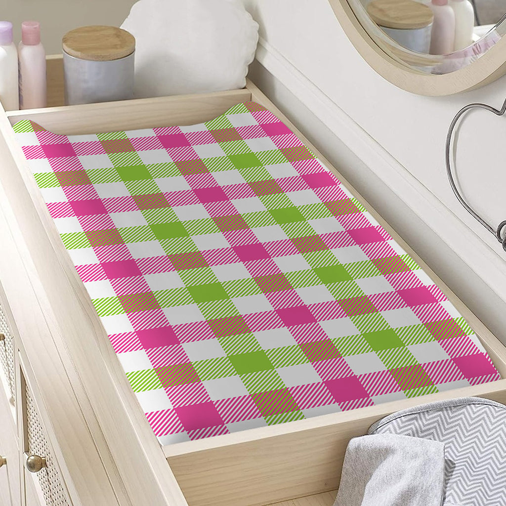 White Pink And Green Buffalo Plaid Print Changing Pad Cover