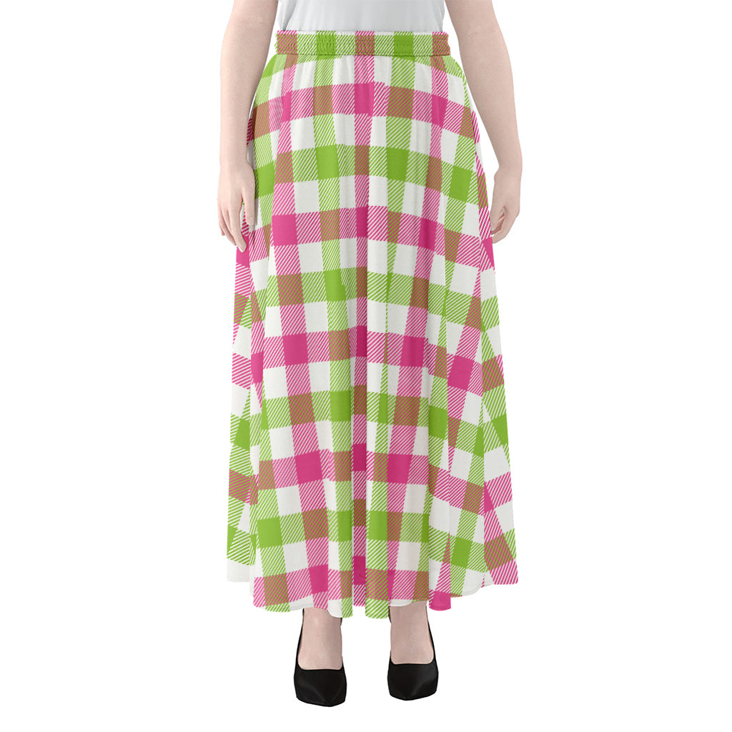 White Pink And Green Buffalo Plaid Print Chiffon Maxi Skirt