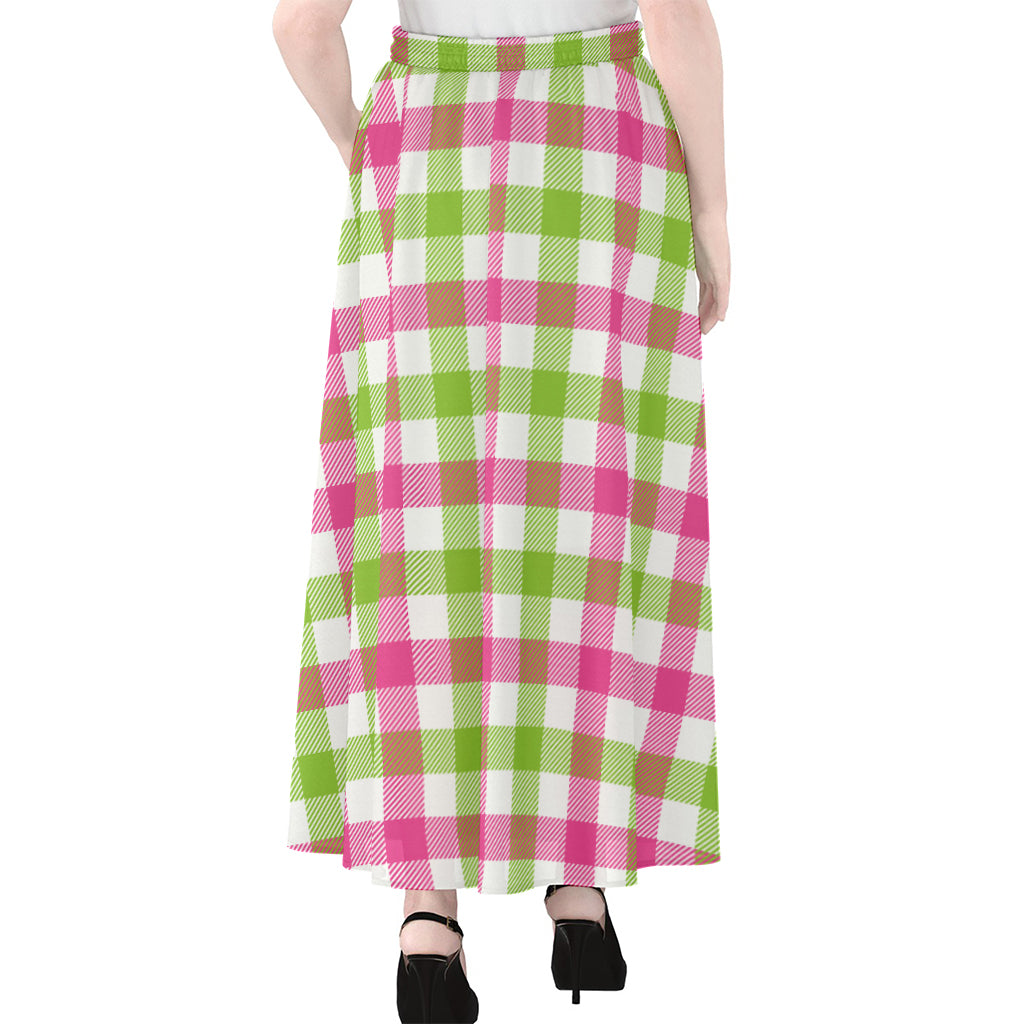 White Pink And Green Buffalo Plaid Print Chiffon Maxi Skirt