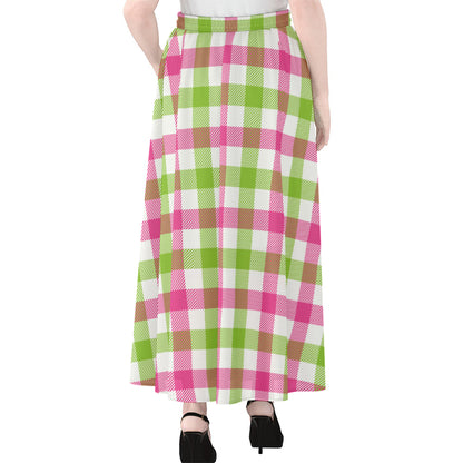 White Pink And Green Buffalo Plaid Print Chiffon Maxi Skirt