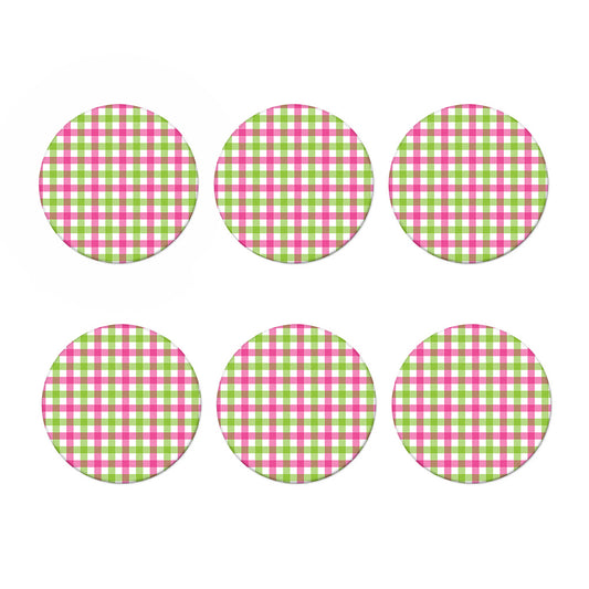 White Pink And Green Buffalo Plaid Print Coaster Set
