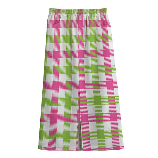 White Pink And Green Buffalo Plaid Print Cotton Front Slit Maxi Skirt
