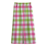 White Pink And Green Buffalo Plaid Print Cotton Front Slit Maxi Skirt