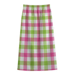 White Pink And Green Buffalo Plaid Print Cotton Front Slit Maxi Skirt