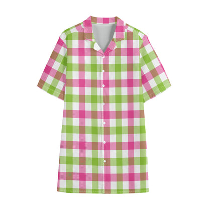White Pink And Green Buffalo Plaid Print Cotton Hawaiian Shirt