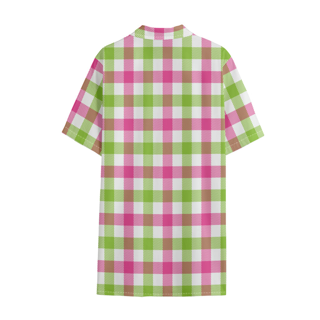 White Pink And Green Buffalo Plaid Print Cotton Hawaiian Shirt