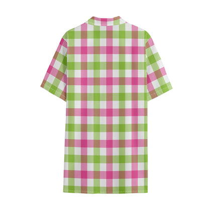 White Pink And Green Buffalo Plaid Print Cotton Hawaiian Shirt