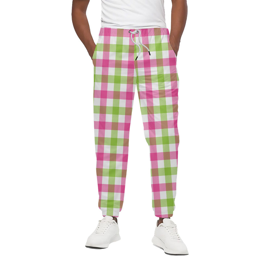 White Pink And Green Buffalo Plaid Print Cotton Pants