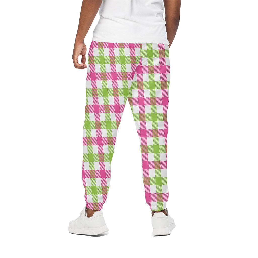 White Pink And Green Buffalo Plaid Print Cotton Pants