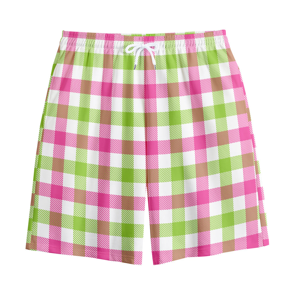 White Pink And Green Buffalo Plaid Print Cotton Shorts