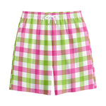 White Pink And Green Buffalo Plaid Print Cotton Shorts