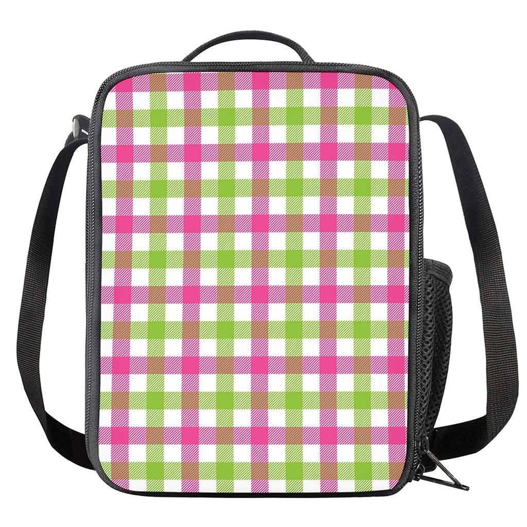 White Pink And Green Buffalo Plaid Print Crossbody Lunch Bag