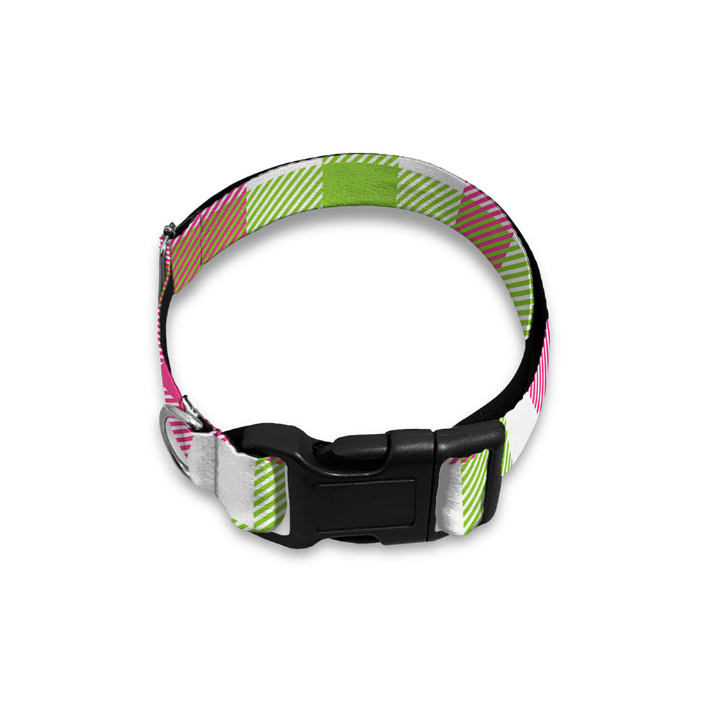 White Pink And Green Buffalo Plaid Print Dog Collar