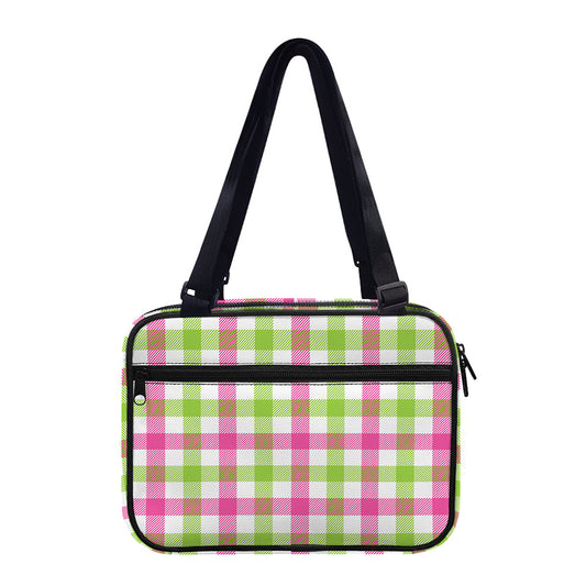 White Pink And Green Buffalo Plaid Print Double Strap Bible Bag